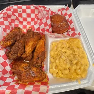 Spicy Lemon Pepper, wings, Literally the best mac and Cheese ever, and that King's biscuit