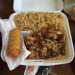 Sesame chicken lunch special with fried rice and an egg roll, all for $5.50 (10:30-3pm)