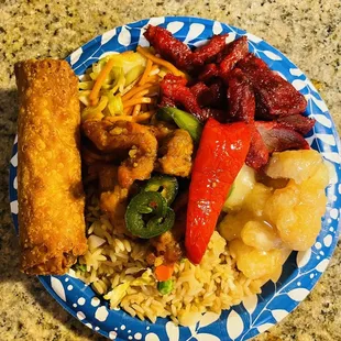 Egg roll, fried rice, chow mein, BBQ pork, pineapple shrimp and jalapeno chicken