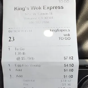 Receipt showing food overcharged and not weighed and not eaten because it took too long to cook