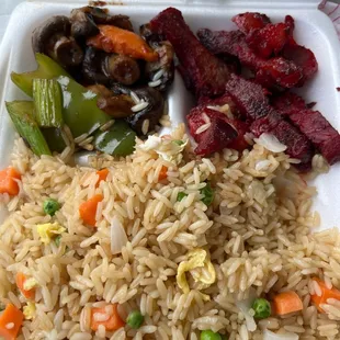 Mushrooms, bbq pork, and fried rice