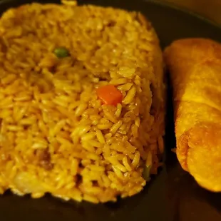 Beef fried rice and egg roll, take out dressed up for home