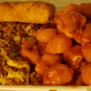 Lunch special, sweet and sour pork, egg roll and chicken fried rice
