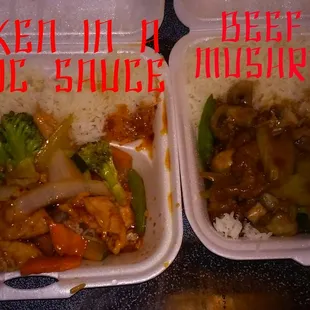 Chicken in a Garlic Sauce &amp; Beef with Mushrooms