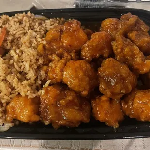 General Tso&apos;s Combination Platter. Chicken and egg roll were delicious. The pork fried rice wasn&apos;t that good.