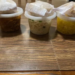 Hot and sour soup, chicken and rice soup, egg drop soup with wontons