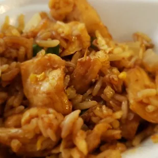 The chicken fried rice has plenty of white meat chicken.