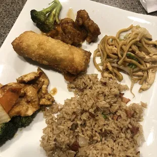 Pork fried rice, hunan chicken, pork egg roll, General Tso's chicken, chicken lo mein