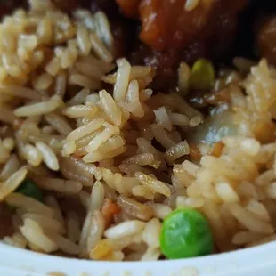 The pork fried rice looks pathetic with no pork showing