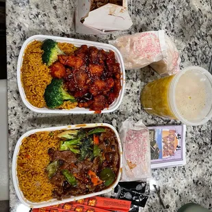 Sesame Chicken, Hunan Beef, Chicken LoMein, Wonton EggDrop Soup