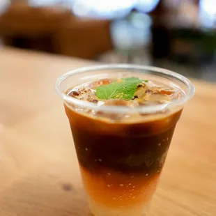 Amber Sunrise- Sparkling water, grapefruit juice, salted honey syrup &amp; espresso over ice.