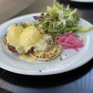 Fried chicken Benedict with Greens.