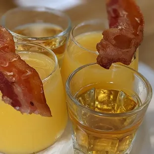 Pancake shots - Jameson, butterscotch schnapps, maple syrup, bacon, and OJ.