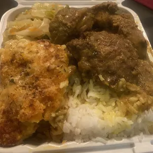 Curry chicken. It wasn't so good. Mac and cheese and cabbage was.