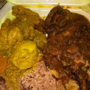 Oxtail ,curry chicken , rice and beans