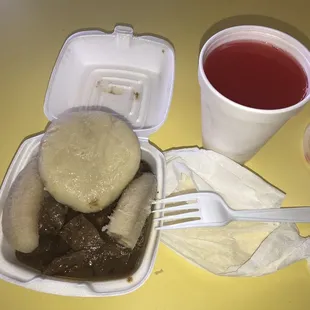 Liver with banana and dumpling. Fruit Punch