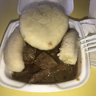 Liver with banana and dumpling