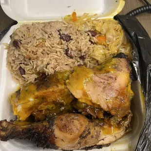 Jerk Chicken, rice &amp; peas, cabbage $15