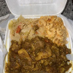 Curry Goat with Mac n Cheese and Cabbage