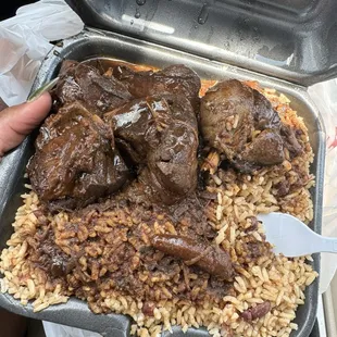 Brown Stew Chicken with Rice and Peas