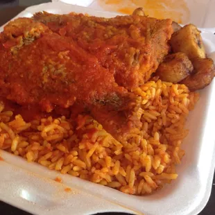 Fried fish, jollof rice, plantains