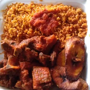 Jollof Rice, Plantains &amp; Goat Meat.