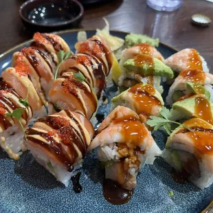 Left: salmon lovers roll Right: shaggy dog roll