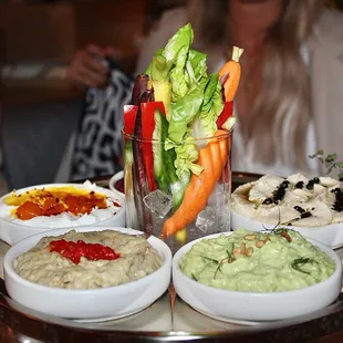 The 5 Assorted Dips included Chickpea, Whipped Goat Cheese, Beet Muhammara, Ember Roasted Eggplant &amp; Avocado Dill.