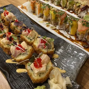 Bottom to top: Kinja vanish roll, los cantaros roll, and dragon roll