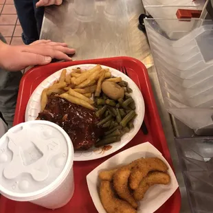 Ribs, fries, green beans, hush puppies and sweet tea