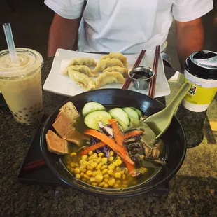 Green tea soup, pot stickers &amp; cantaloupe milk bubble tea