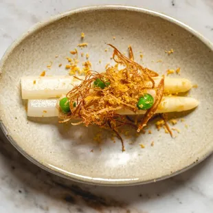 From Spring Menu -  White Asparagus, West Coast Koji Tai-Miso, Cured Egg Yolk, Shallot Crisps