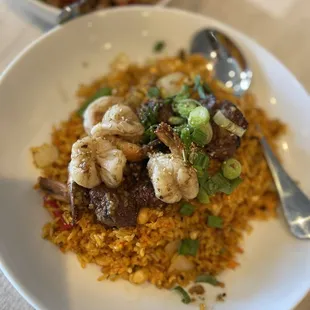 Spicy Basil Chicken Plate Lunch Surf and Turf Fried Rice!!! So bomb and very delicious! Raging with taste!