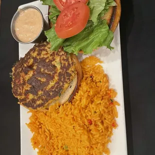 Crab cake sandwich with rice
