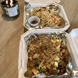 Pud kee mao noodles with tofu  Chili paste fried rice  Both were really good!