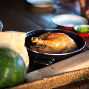 Opt in, first night dinner; roasted chicken, salad, watermelon, and cookies
