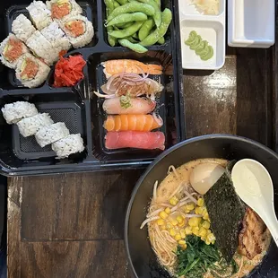 a bowl of ramen and a bowl of sushi