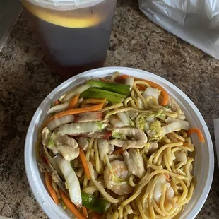 combination lomein + Homemade Sweetened Ice Tea