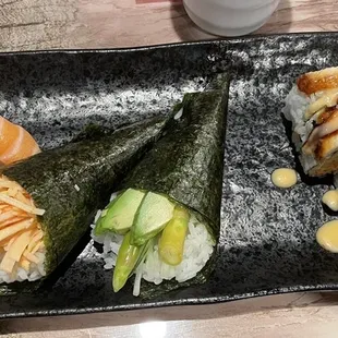 Salmon, spicy crab roll, veggie roll &amp; Kintaro roll