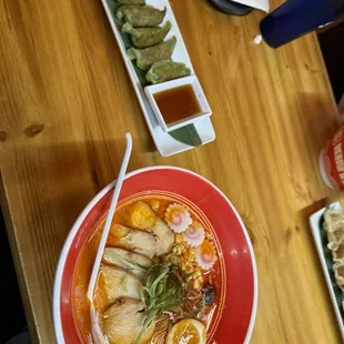 I got the spicy chicken ramen and the veg gyoza!