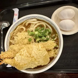 Curry udon with tempura shrimp and sweet potato