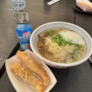 Beef broth, crab and fish cake tempura