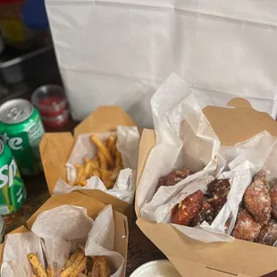 Snow Cheddar fries, Honey Garlic Fries, (Snow garlic, savory soy garlic, secret yam yam) wings