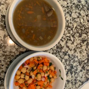 Lentil soup and chick pea salad