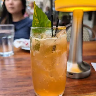 The Manolada. $14. Strawberry-infused rum, fresh lime, basil, and sugar, topped with ginger beer.