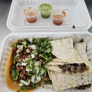 Pastor Street Taco, Asada Quesadilla with salsas