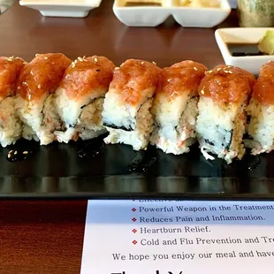Dragon Roll (spicy tuna on Cali roll) $12.80 buy 1 2nd is half off
