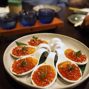 Yubu spoon - salmon roe, uni and fresh tofu on the bottom