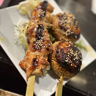 Chicken stuffed mushrooms and chicken yakitori