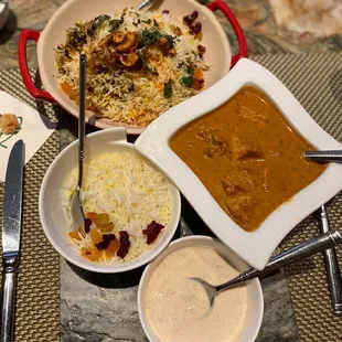 Lamb Biryani Dinner, Chicken Tikka Masala Dinner, Palak Chaat Dinner